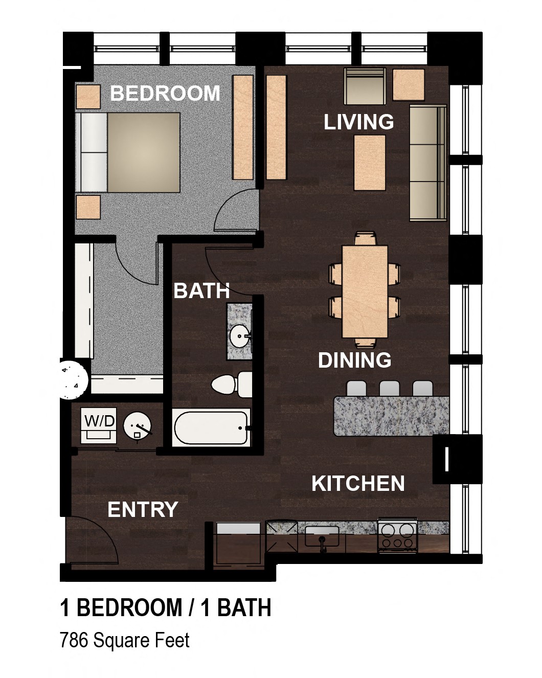 Floor plan for 1 bed, 1 bath, 786 sqft